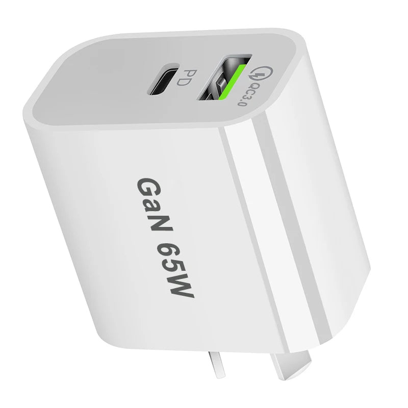 2-Port 65W GaN USB-C Charger – PD Fast Wall Adapter for Phones