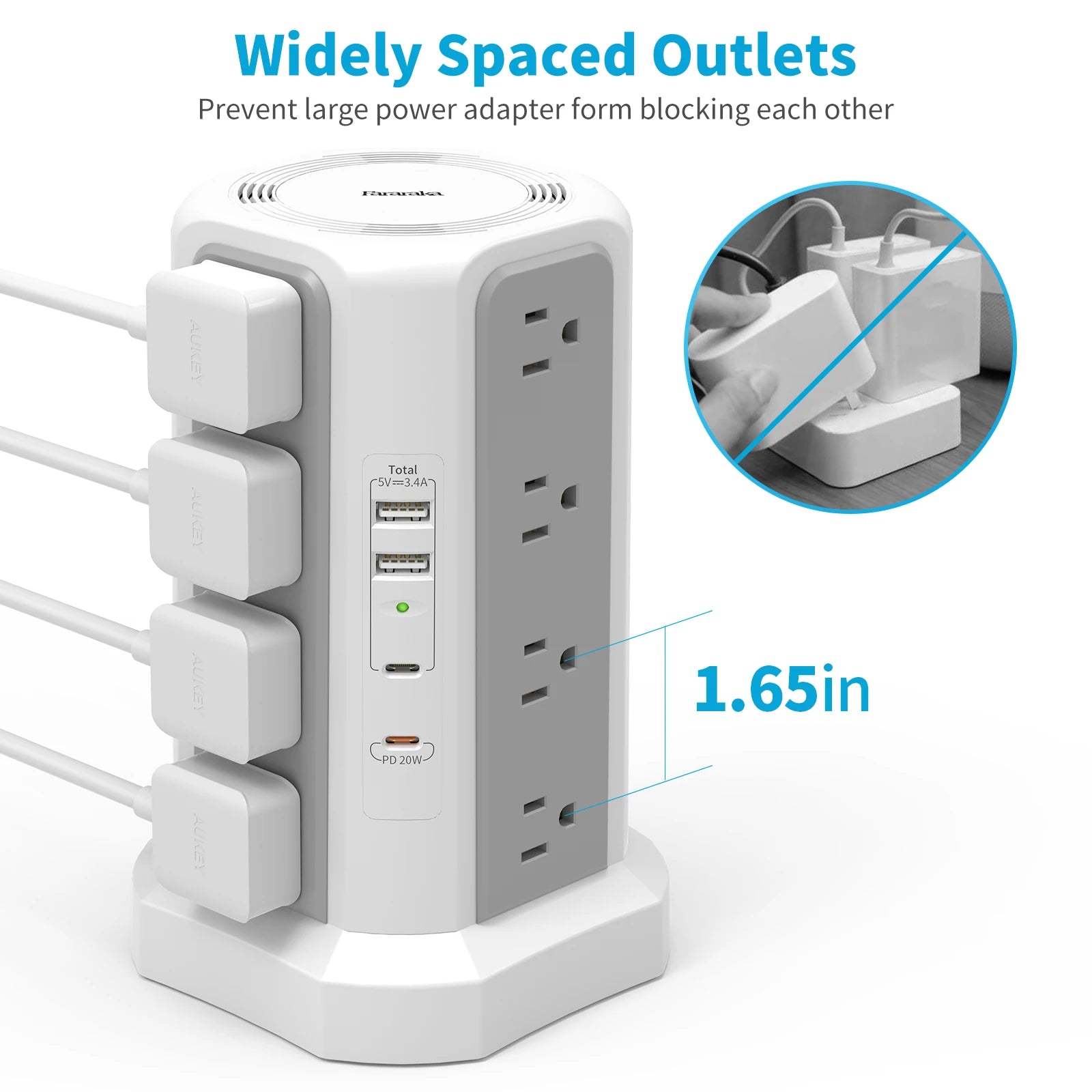 US 4-Layer Tower Power Strip – 16 Outlets with 2 USB-A & 2 USB-C (20W Fast Charge), 3m Cable