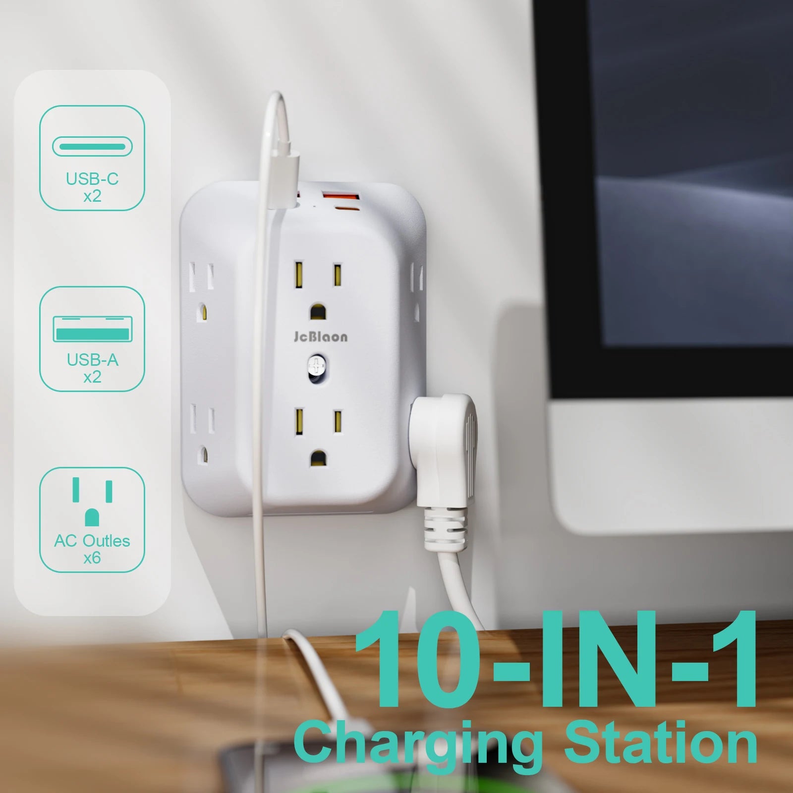 USB Wall Charger Surge Protector – 6 AC Outlets, 4 USB Ports & 2 USB-C