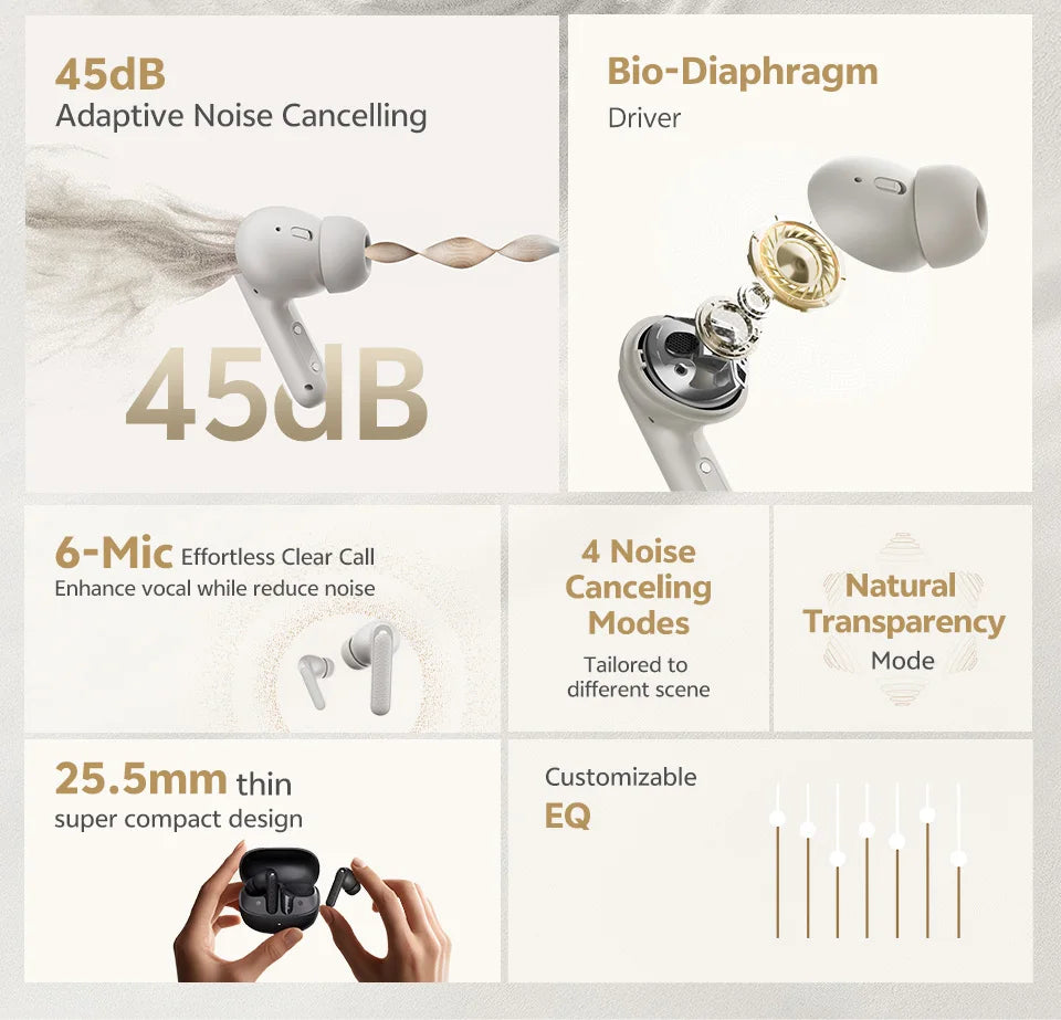 QCY Buds ANC -45dB Adaptive Noise Cancelling Wireless Bluetooth 5.4 Earbuds 6 Mics Clear Call 10mm Dynamic Driver Earphone 25Hrs