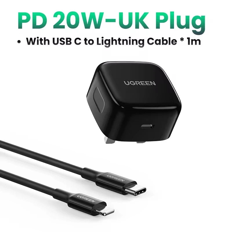 【UK Plug】UGREEN Quick Charge 4.0 3.0 QC PD Charger 20W USB Type C Fast Charger for iPhone 15 14 13 Pro Xiaomi Phone PD Charger