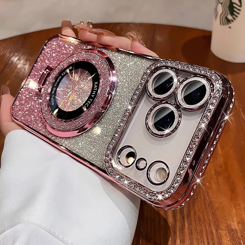 Plating MagSafe Rhinestones Magnetic Stand Case for iPhone 15–17 Series – Diamond Bumper Cover