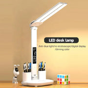 LED Desk Lamp – USB Dimmable Foldable Table Lamp with Clock, Calendar, Temperature Display & Night Light