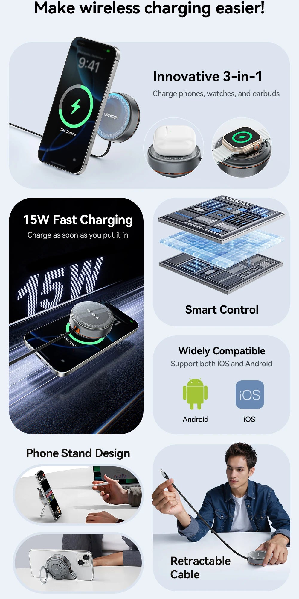 Essager Wireless Charger – 15W, iPhone, AirPods & Watch