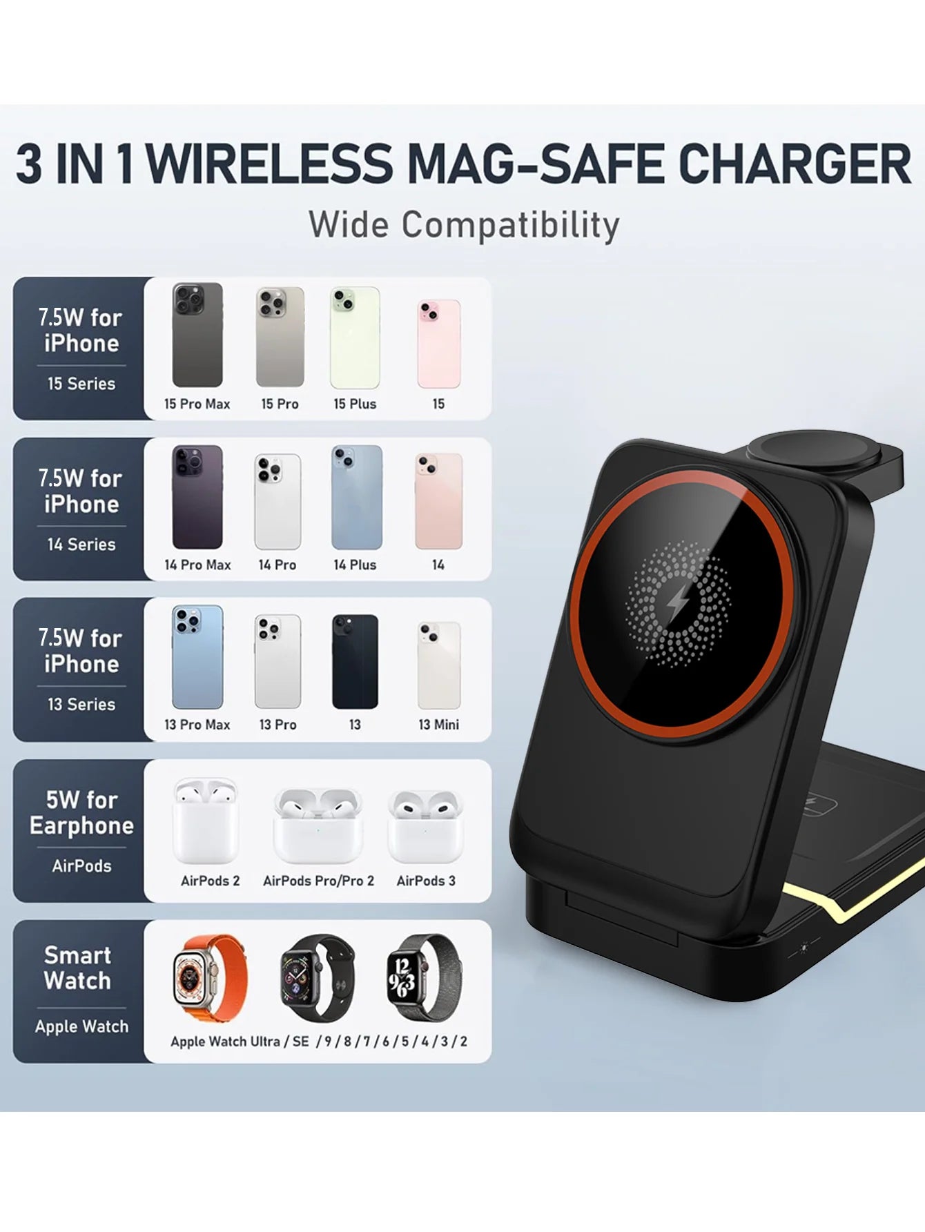 30W 3 in 1 Magnetic Foldable Travel Fast Wireless Charger Stand for Magsafe iPhone 16 15 14 13 17 Pro Apple Watch 2-9 SE Airpods