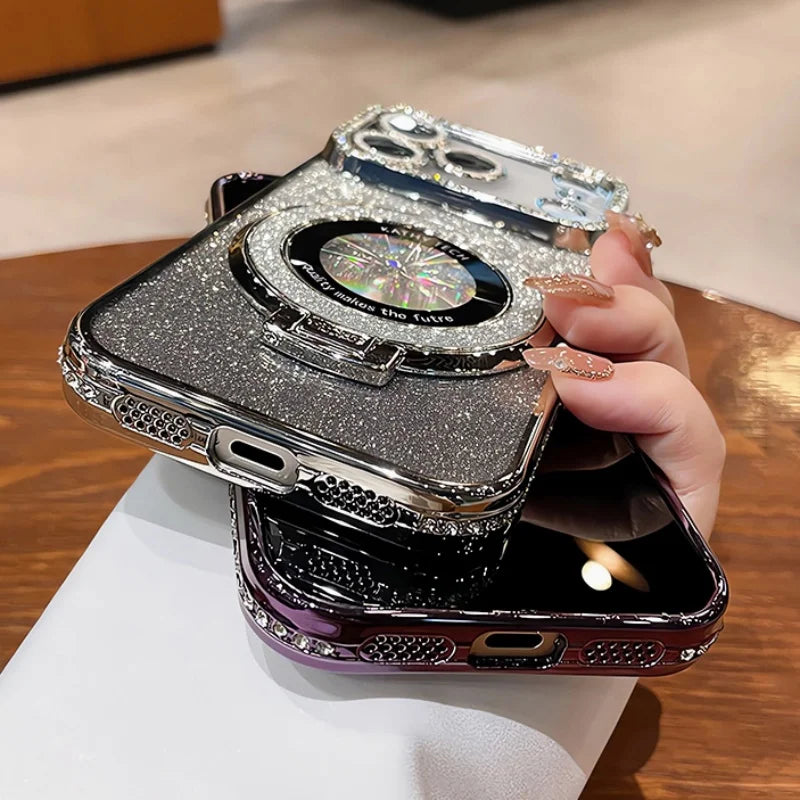 Plating MagSafe Rhinestones Magnetic Stand Case for iPhone 15–17 Series – Diamond Bumper Cover