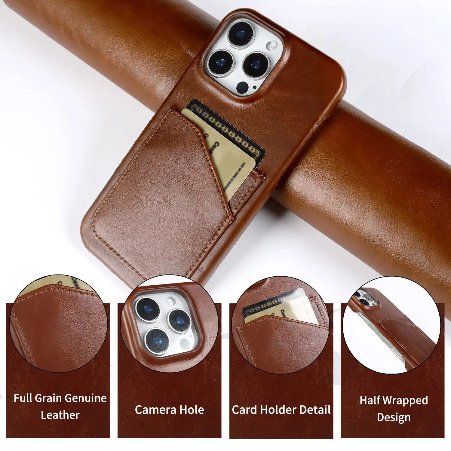 Premium Genuine Leather Card Slot Case for iPhone 15–17 Series – Vintage Wallet Cover