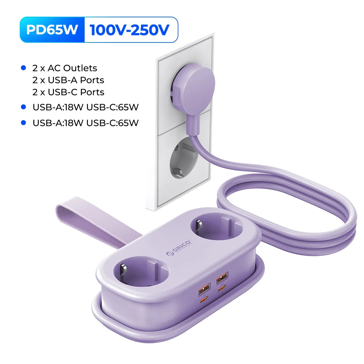 ORICO 65W GaN Power Strip – 2 AC Outlets, 2 USB & 1 USB-C