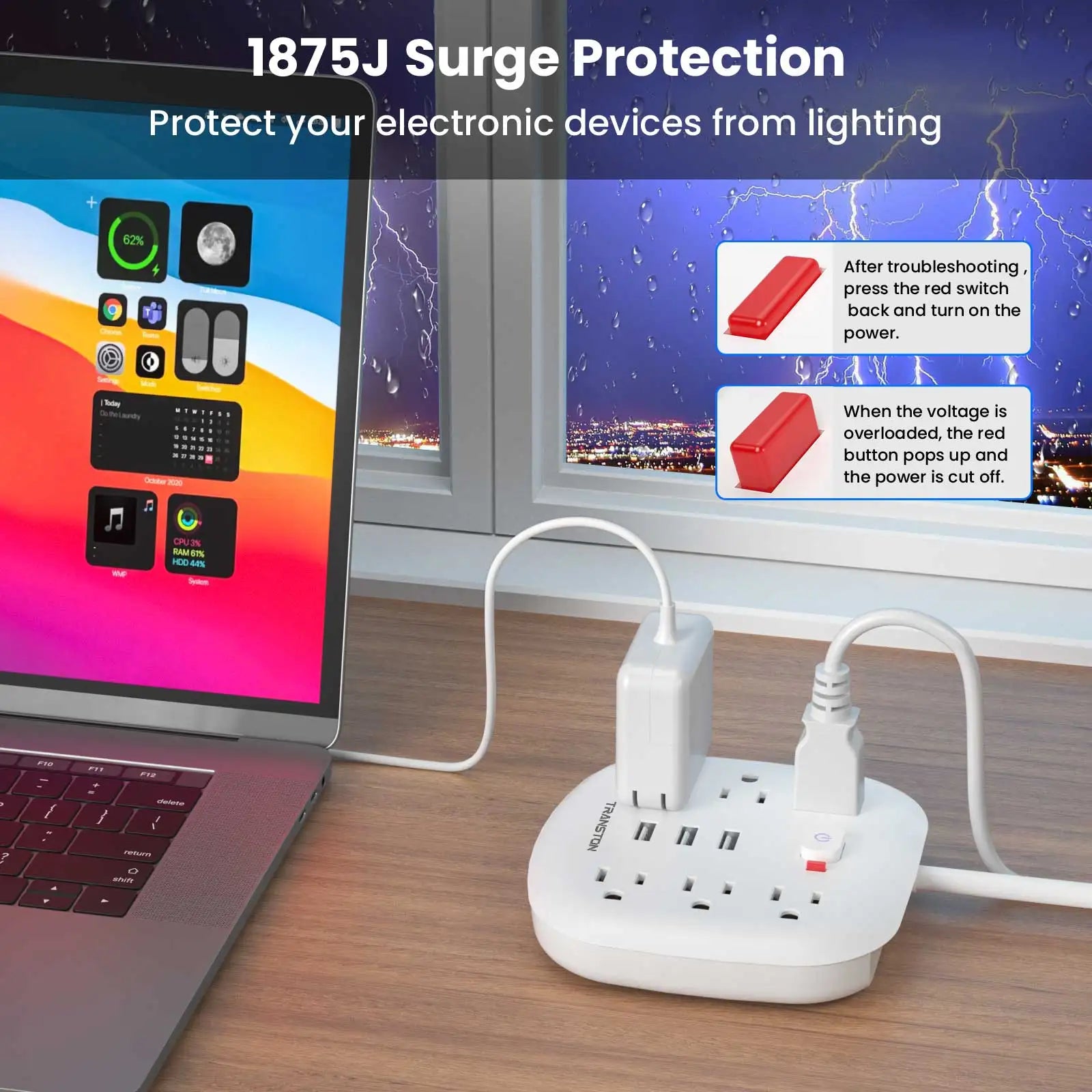 TRANSTON Surge Protector Power Outlet – 6 AC & 3 USB Ports, Fire-Resistant Design