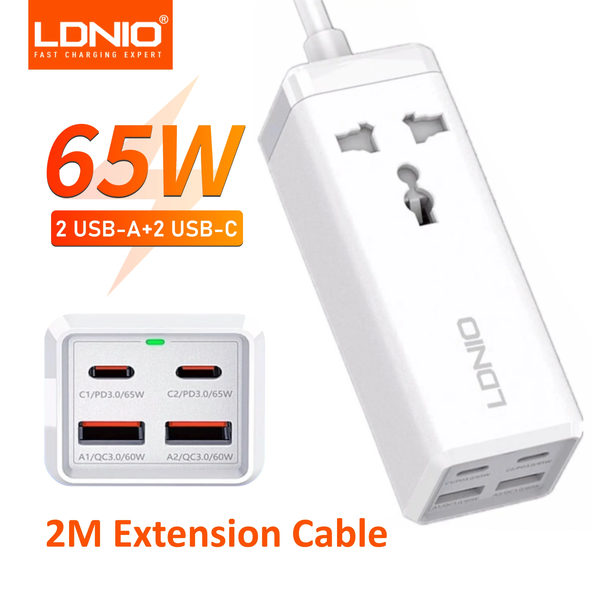 LDNIO SC1418 65W Power Strip – PD Fast Charging Station with 2M Extension Cable & 4 USB Ports
