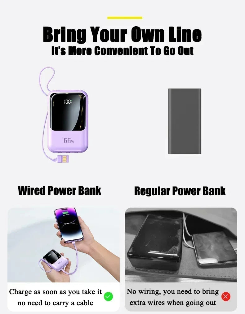 66W 30000mAh Portable Power Bank with Built-in Cables