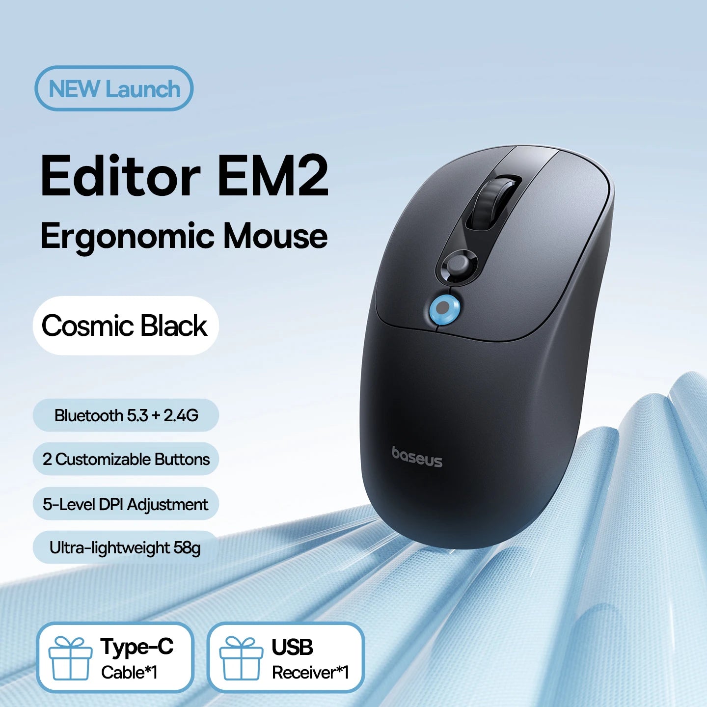 Baseus EM2 Wireless Mouse – Ergonomic, Silent, Type-C Charging