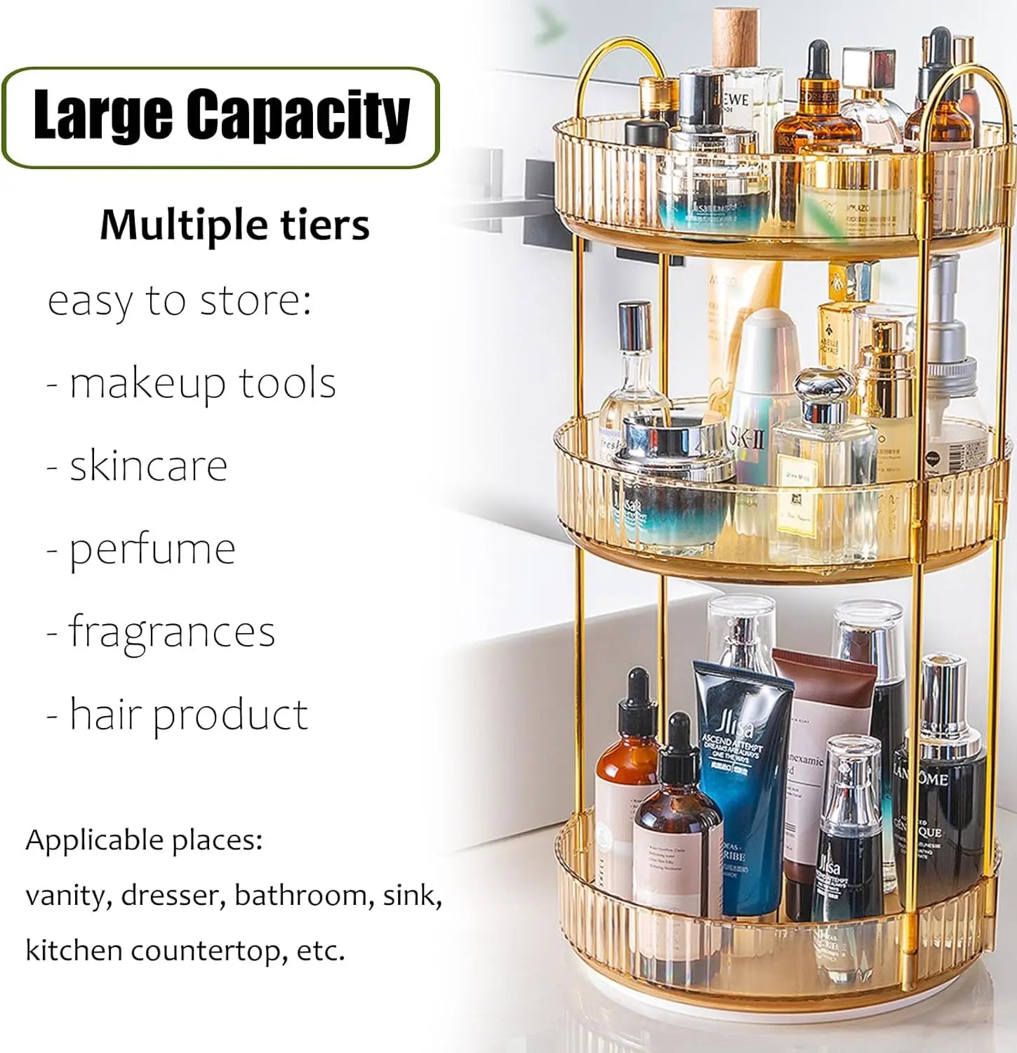 High-Capacity Cosmetic Organizer – 3-Tier Rotating Vanity Storage