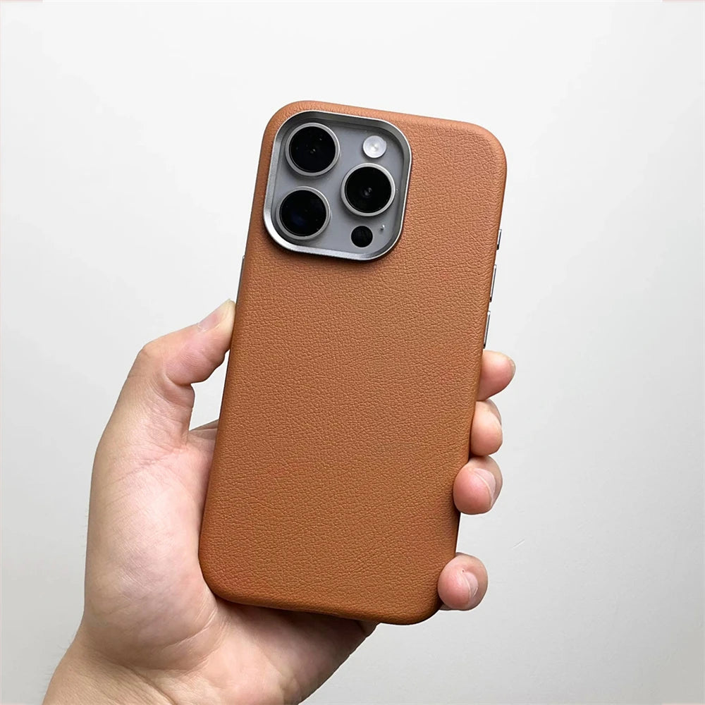 Luxury Business Metal Camera PU Leather Magnetic Case for iPhone 15–17 Series – MagSafe Wireless Protective Cover