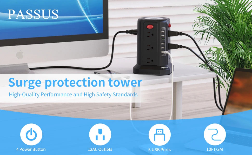 PASSUS 10ft AC Power Extender – 12 Outlets & 5 USB Ports