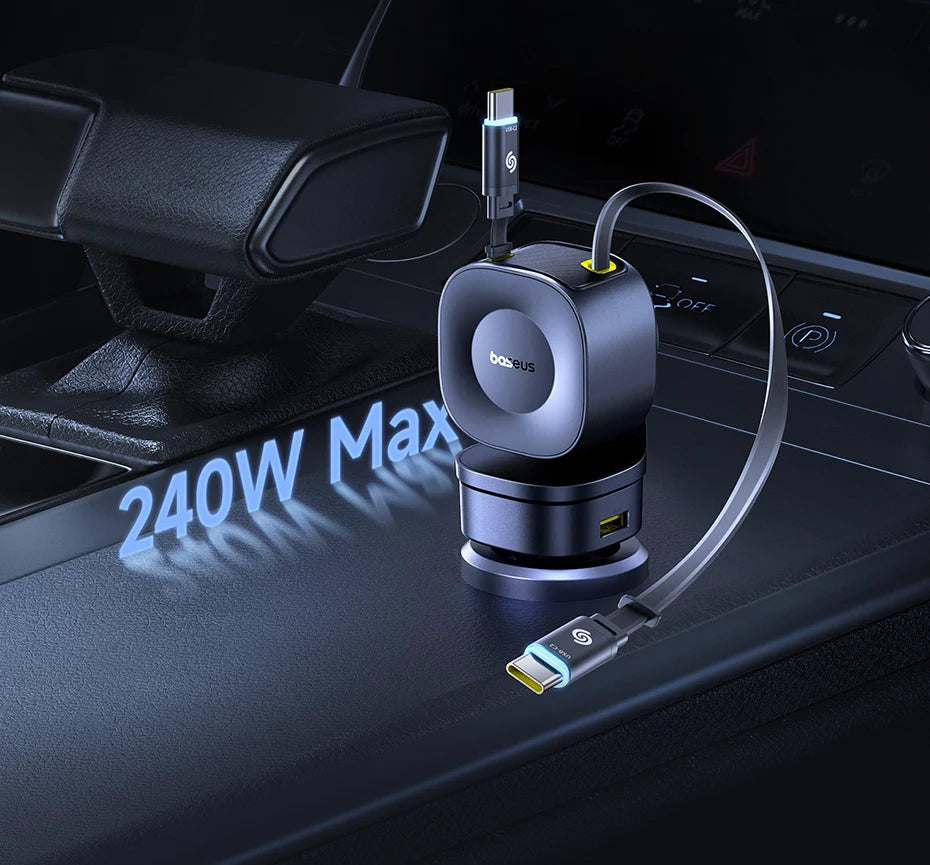 Baseus 240W Car Charger – 4-Port Fast Charging Adapter with Retractable USB-C Cable