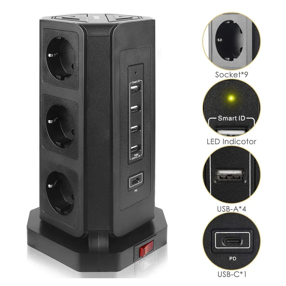 MELERY EU Vertical Space - Saving Tower Power Strip – 9 AC Sockets & 5 USB Ports