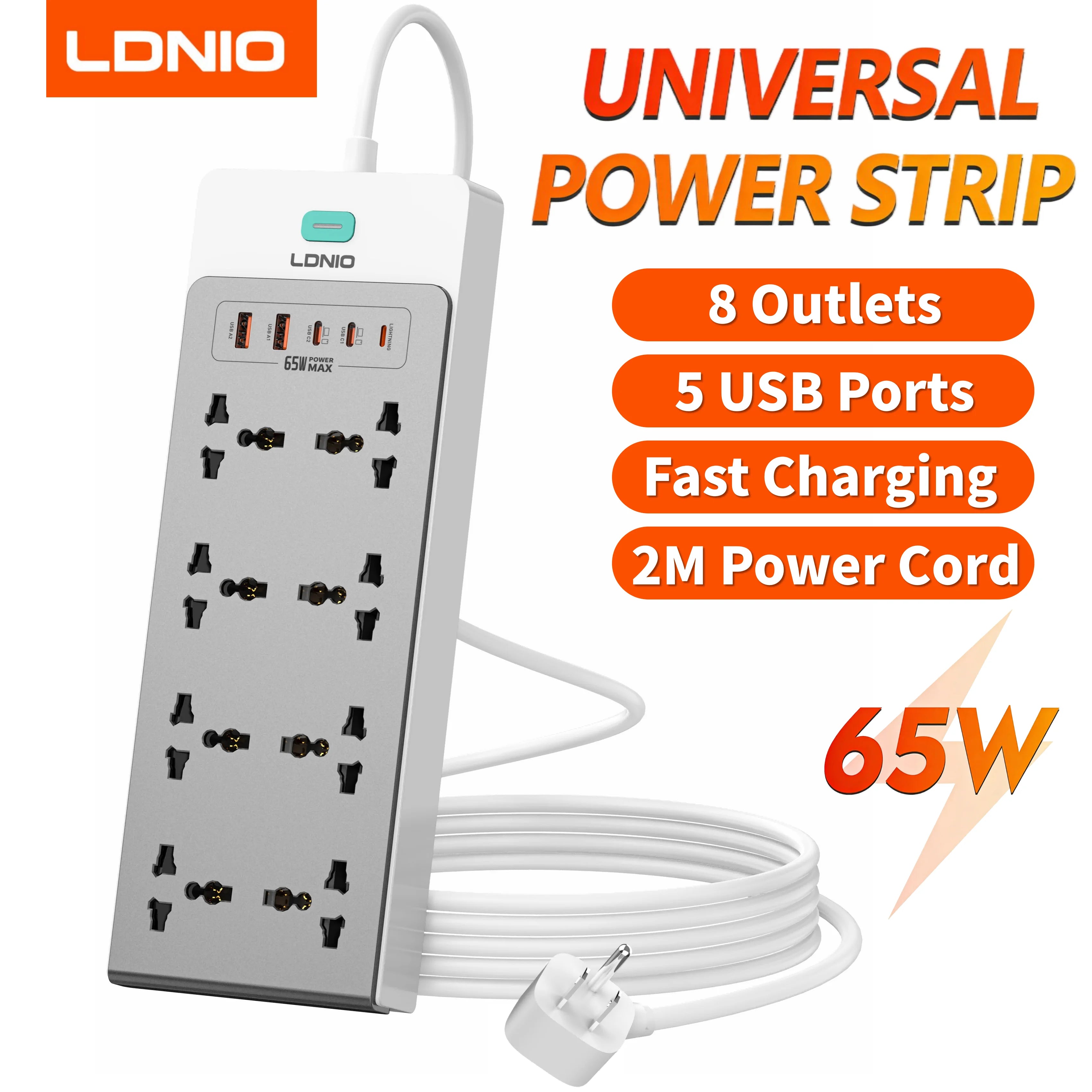 LDNIO 65W 13-in-1 Power Strip – Universal Outlets, USB-C Fast Charging & 2M Surge-Protected Extension Cord