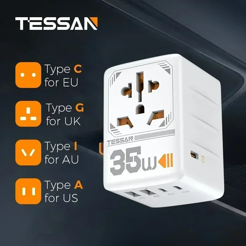 TESSAN 100W GaN Universal Travel Adapter – USB & Type-C Fast Charging