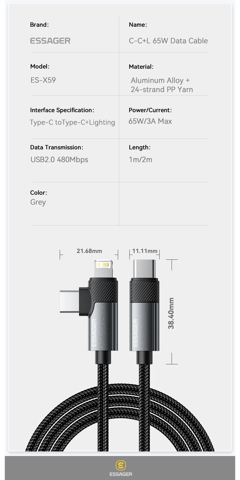 Essager 2-in-1 Right Angle Cable PD 65W 29W Fast Charging Elbow Data Cable For iPhone 15 14 13 MacBook Lenovo Asus Dell iPad Pro