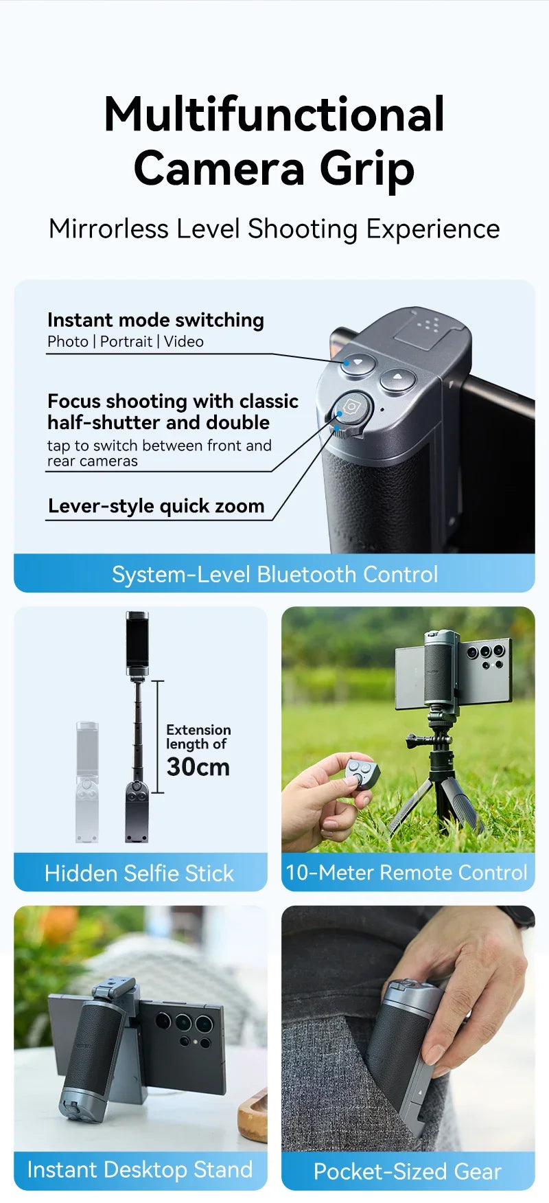 TELESIN Selfie Stick & Phone Holder – Camera Handle with Remote Adapter