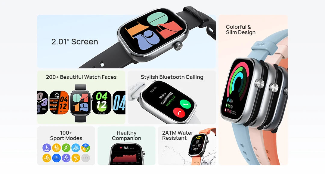 Mibro C4 Smartwatch – 2’’ Large Screen, Bluetooth Call, Heart & Oxygen Monitor