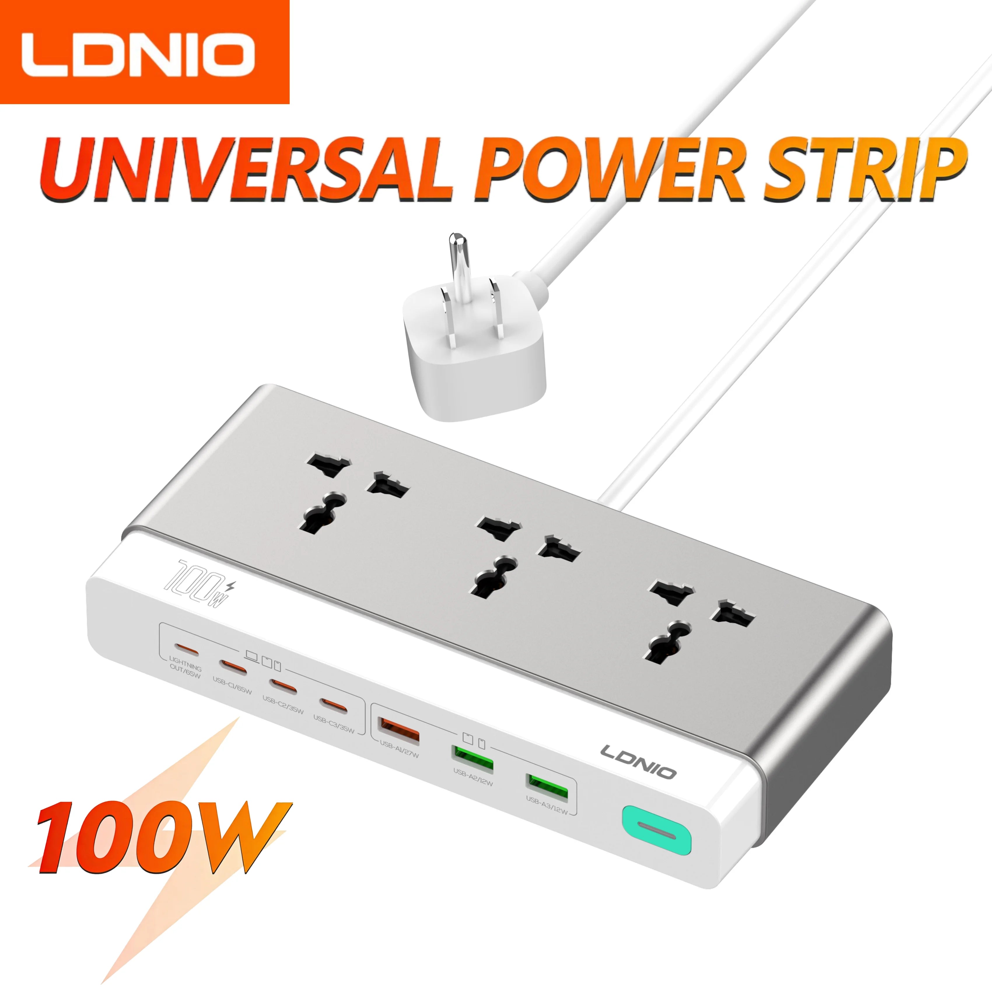 LDNIO 100W Desktop Power Strip – Universal AC Outlet with 65W USB-C Fast Charging & 2500W Power Station