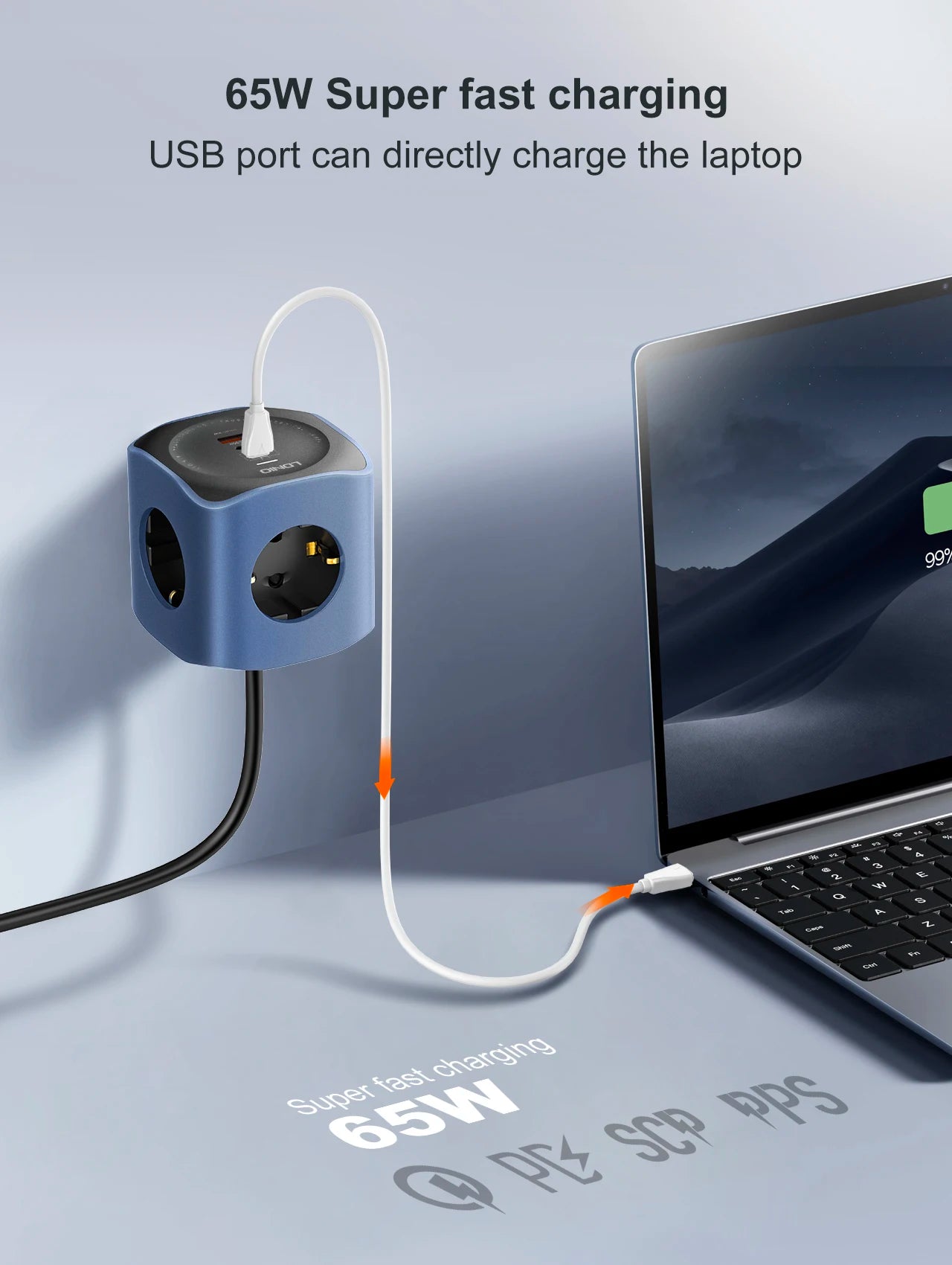 LDNIO 65W Power Cube Charging Station – 3 AC Outlets, USB-C Fast Charging & 2M Extension Cord