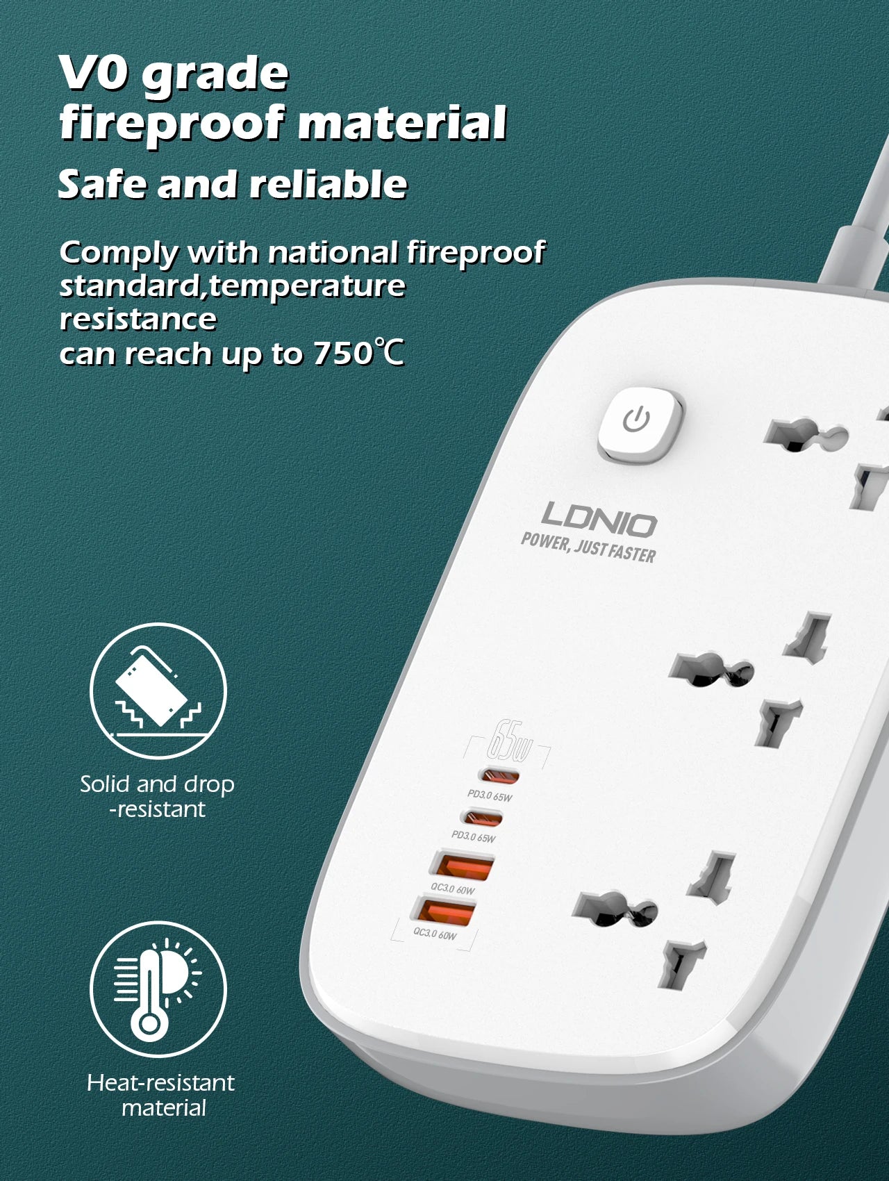LDNIO 65W Power Strip – 3 AC Outlets & 4 USB Ports