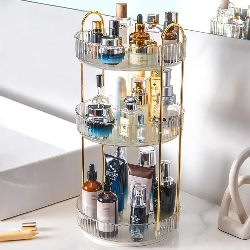 High-Capacity Cosmetic Organizer – 3-Tier Rotating Vanity Storage