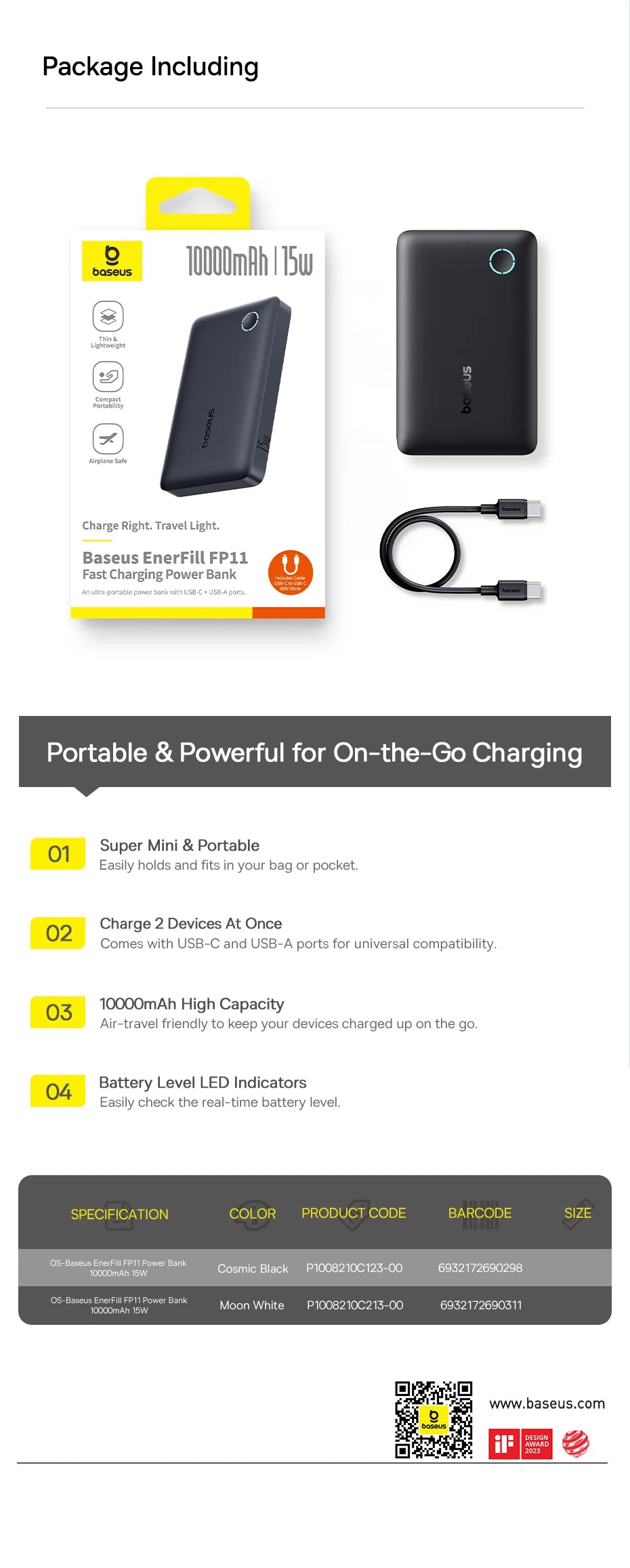 Baseus FP11 10,000mAh Power Bank – 15W PD Fast Charge, USB-C