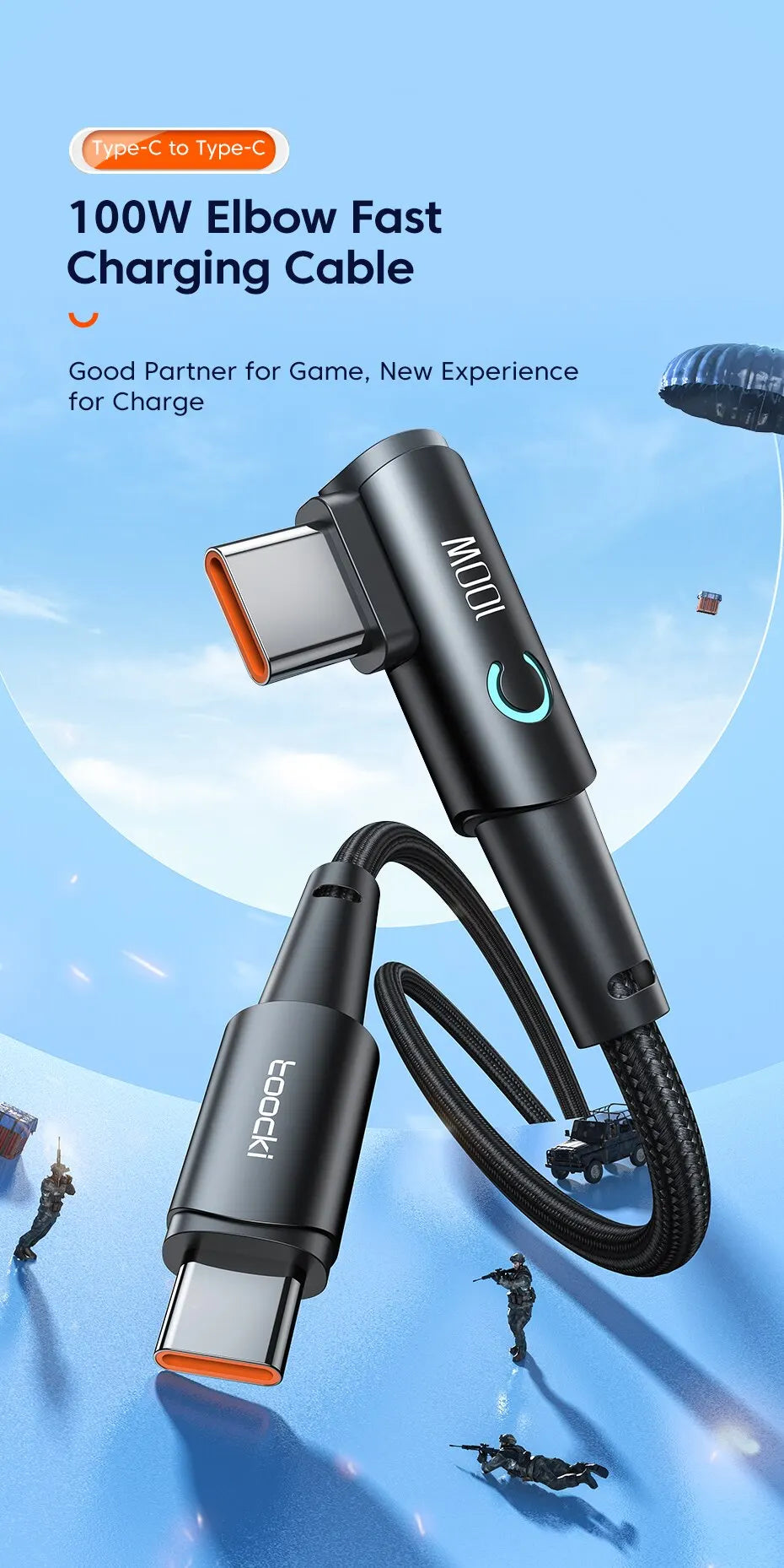 TOOCKI 100W USB-C to USB-C Cable – 90° PD Fast Charging Cable for Laptop, Tablet & Phone