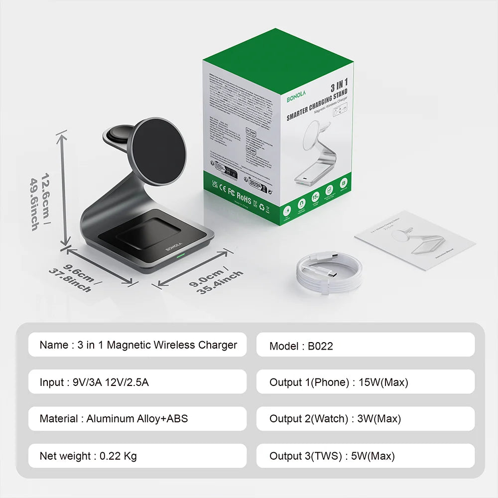 Bonola Wireless Charging Stand – 15W Fast Charge, 3-in-1 for Phone, Watch & Buds