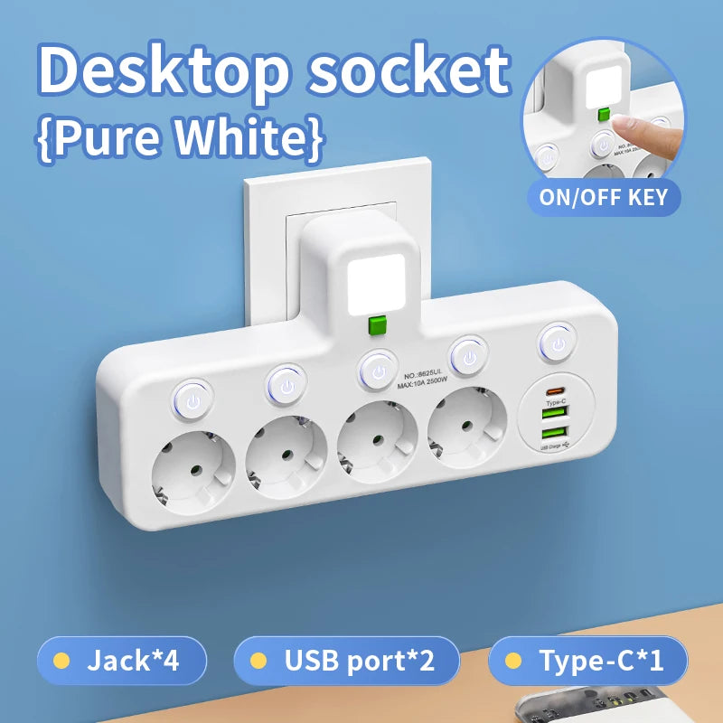 EU Wall Socket with 4 AC Outlets & USB-C Fast Charging Ports