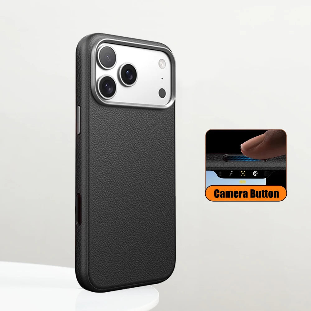 Luxury Business Metal Camera PU Leather Magnetic Case for iPhone 15–17 Series – MagSafe Wireless Protective Cover