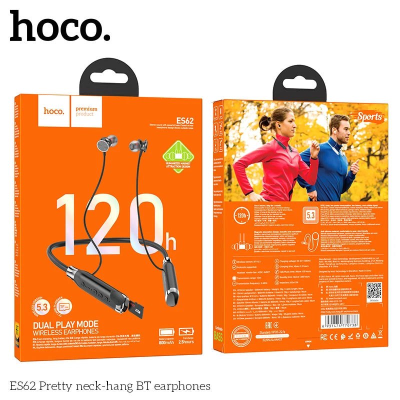 HOCO ES62 Neckband Earphones Bluetooth 5.3 Sport headsets Support TF card playback 120Hours Long battery life For Mobile Phone