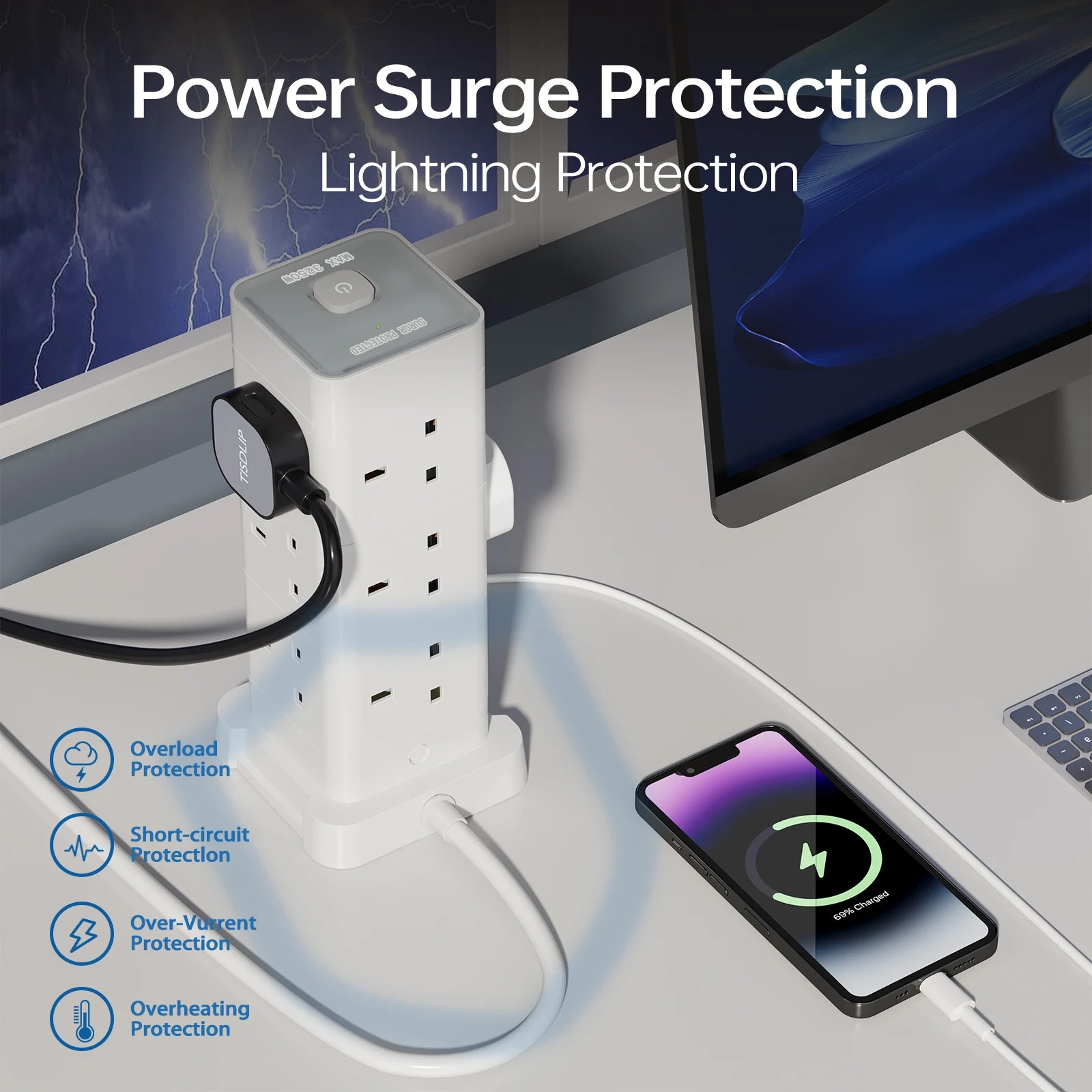 UK Power Tower Extension Lead – Multi Socket Surge Protector with USB-C & USB Charging Ports
