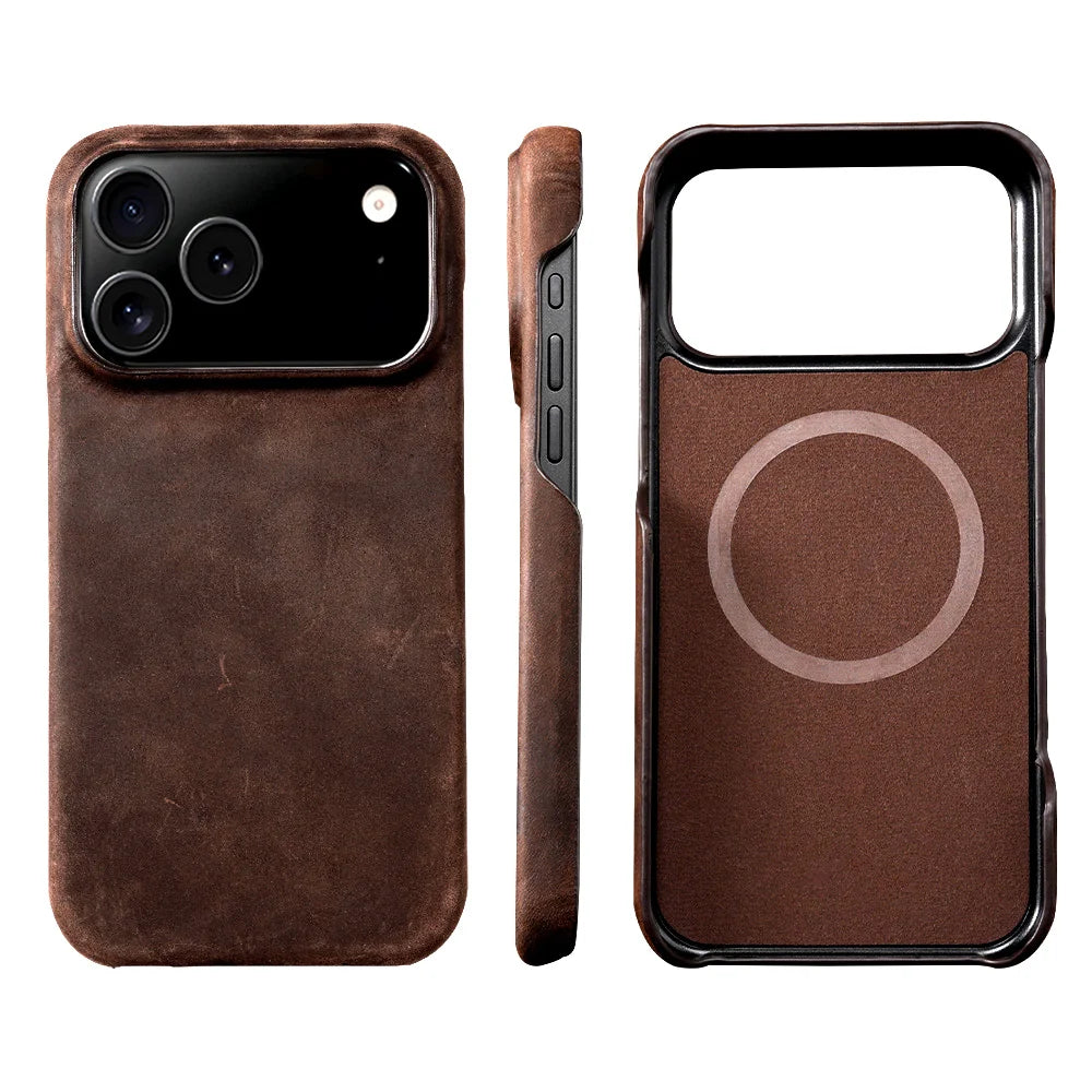 Retro Genuine Pull-Up Leather Magnetic Case – iPhone 15–17 Series