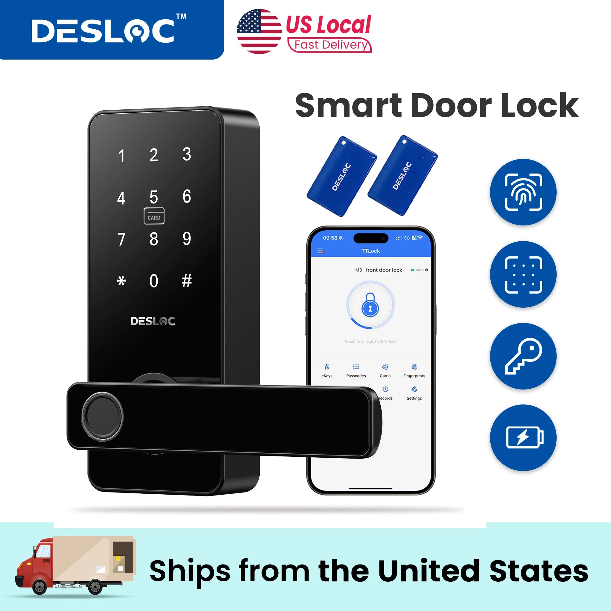 DESLOC Smart Fingerprint Door Lock – App & Touchscreen Control