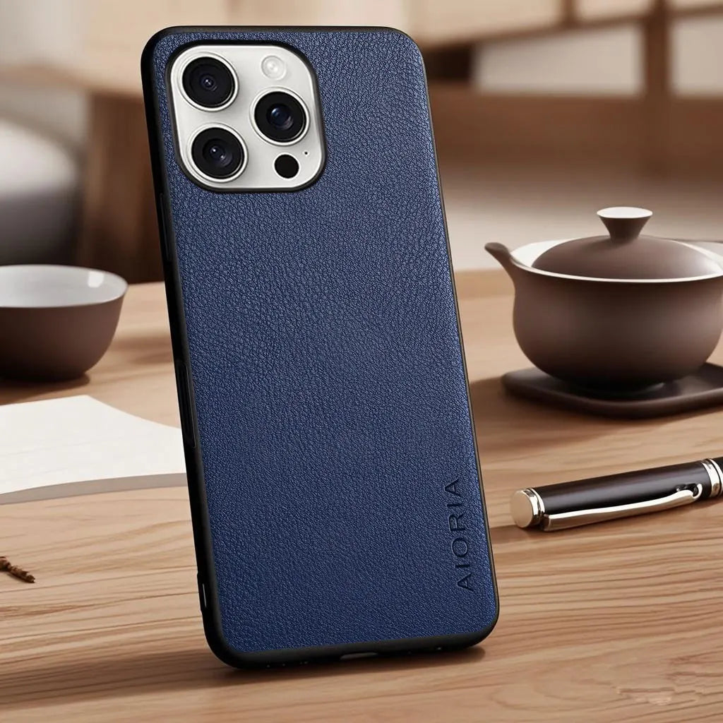 Vegan Faux Lychee Pebbled Leather Case for iPhone 15–17 Series – Soft Protective Cover