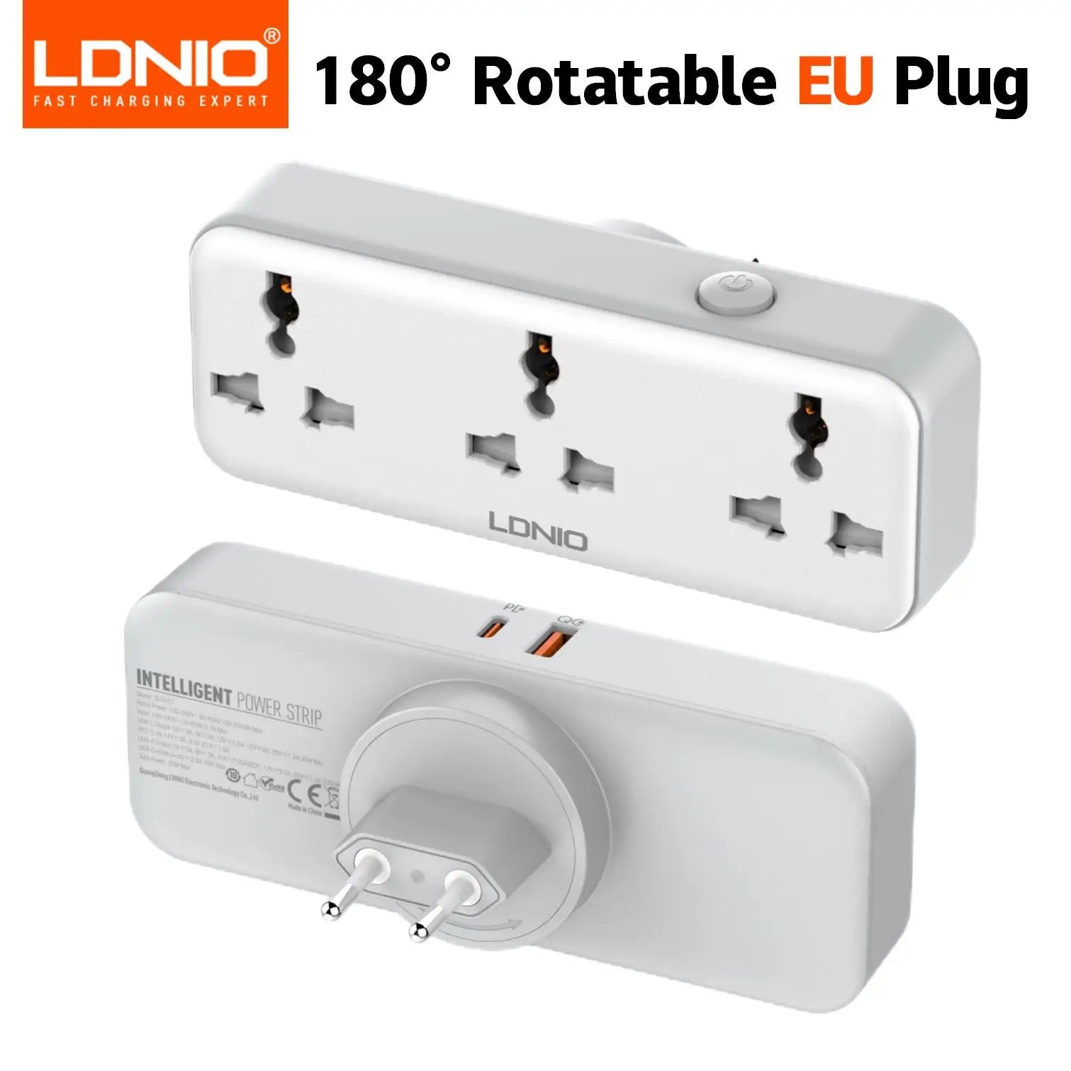 LDNIO Rotatable Power Plug with Switch – 3 AC Sockets & 2 USB (30W PD)