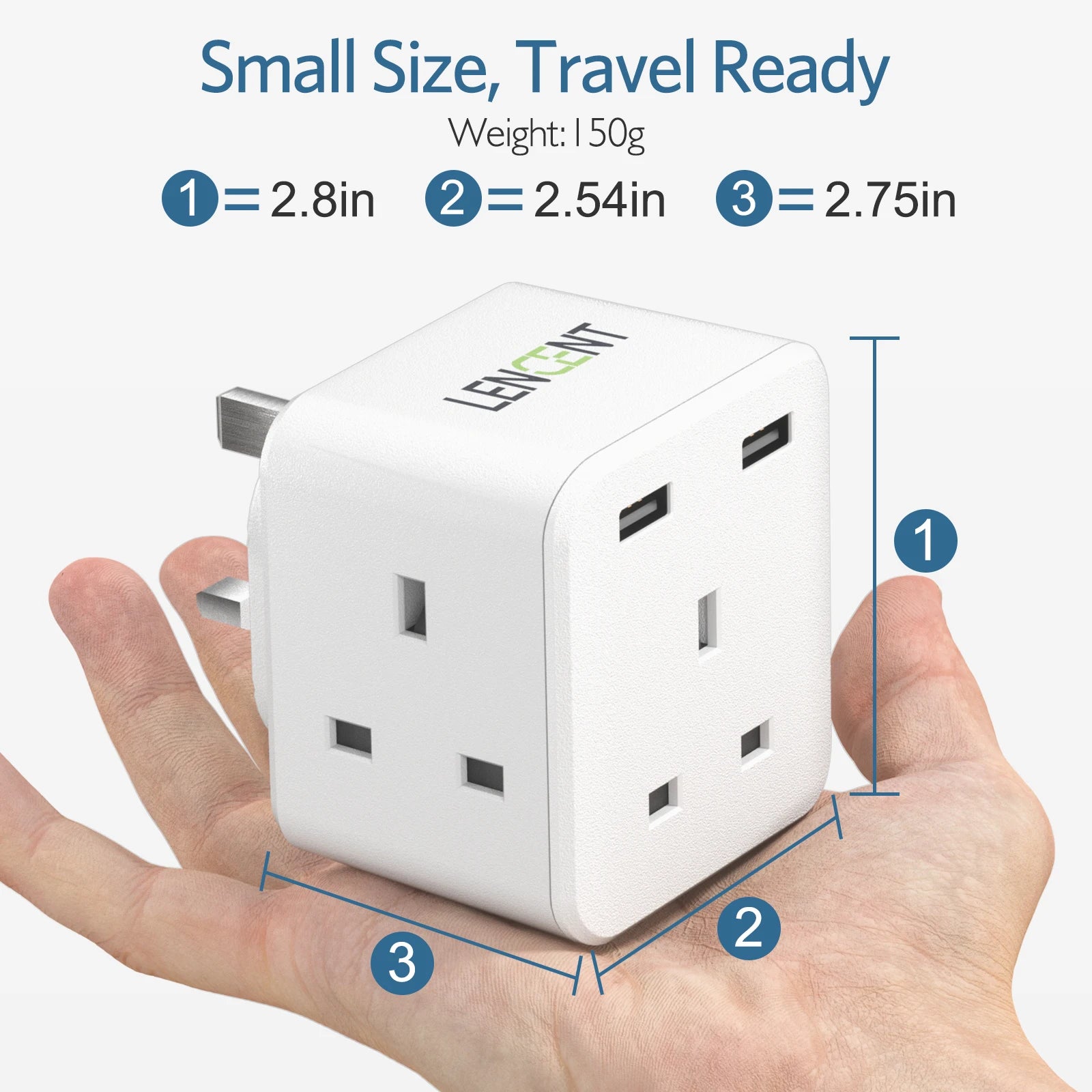 LENCENT UK Plug Power Strip with 3 AC Outlets 2 USB Charging Ports 5V 2.4A Portable Multi Socket Power Adapter for Home Office