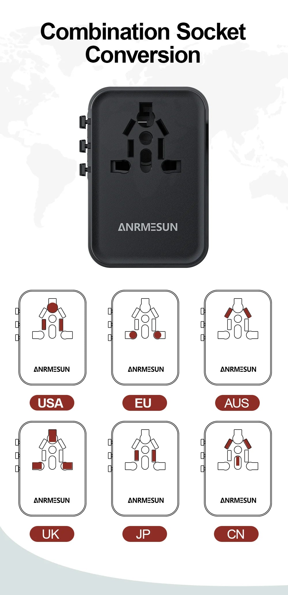 Global Universal Conversion Travel Plug 2 Type-C Sockets EU US AC Power Travel Adapter PD 65w 45w 25w Travel Plug Fast Charging