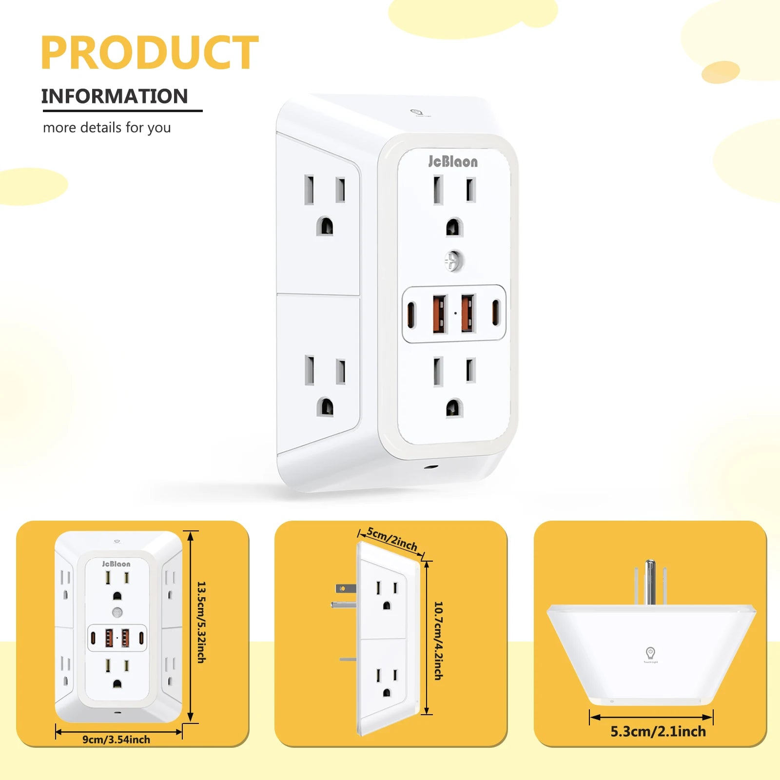 With Night Light US Plug AC Outlets Multitap Socket Electrical Power Strip with USB Type-C Ports Charging Network Filter Adapter