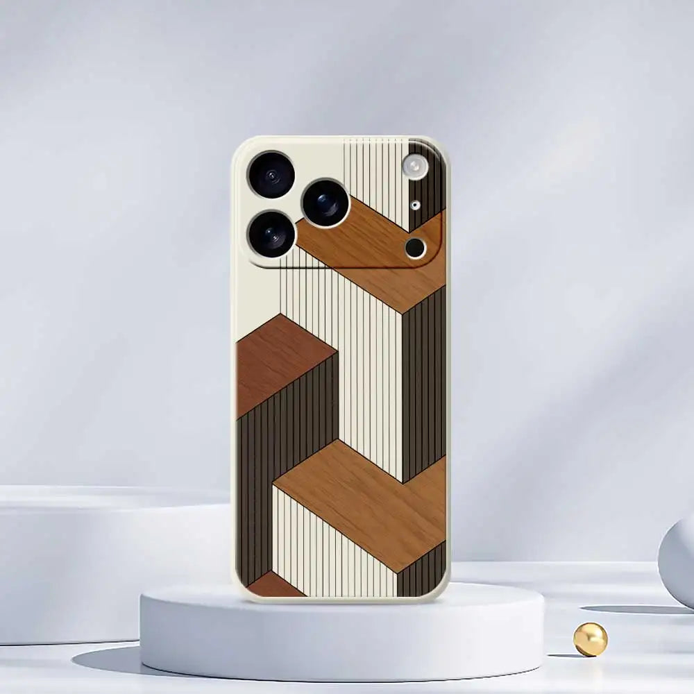 Geometric Wooden Texture TPU Phone Case for iPhone 14–17 Series