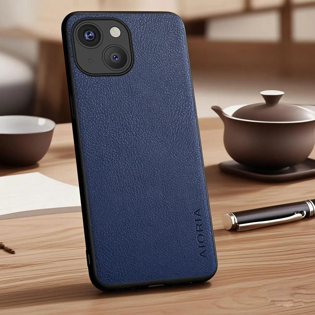 Vegan Faux Lychee Pebbled Leather Case for iPhone 15–17 Series – Soft Protective Cover