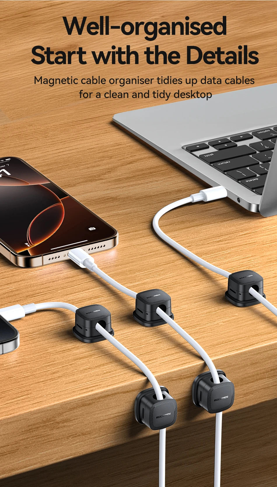 Rocoren Magnetic Cable Organizer – 6PCS Adjustable Wire Holder for Desk