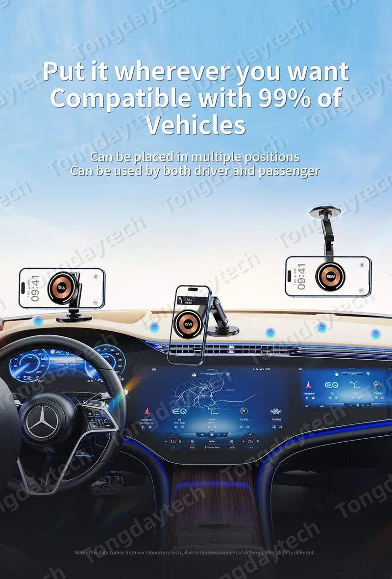 Magnetic Car Charger Holder – 15W Wireless Fast Charge