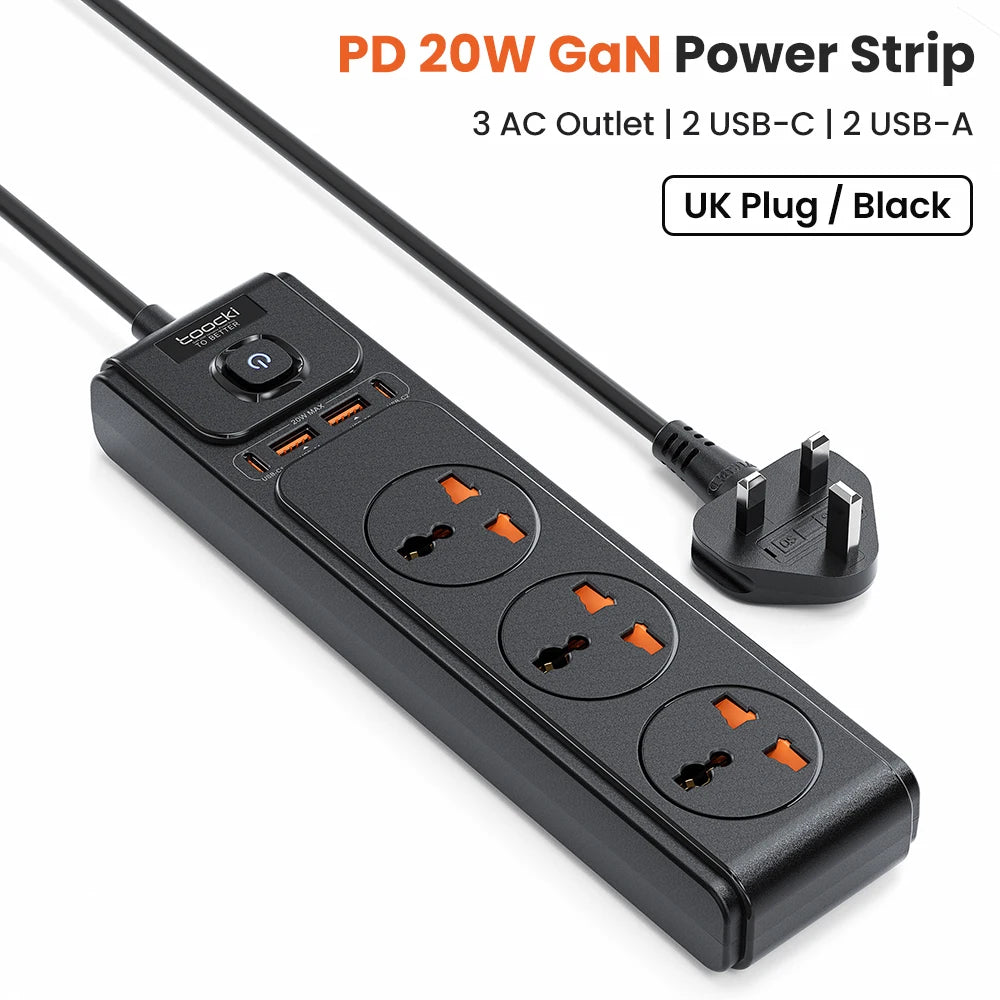 Toocki PD20W GaN Versatile Power Strip 2500W Max Universal 3AC Outlet EU UK US Plug Adapter Electrical Socket 2M Extension Cable