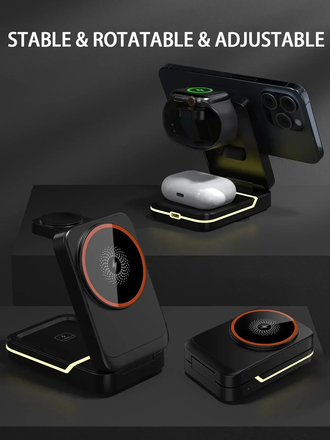 30W 3 in 1 Magnetic Foldable Travel Fast Wireless Charger Stand for Magsafe iPhone 16 15 14 13 17 Pro Apple Watch 2-9 SE Airpods